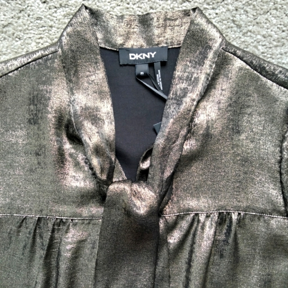 NWT PS DKNY Gold Metallic Tie Neck Long Sleeve Blouse Top NEW - Picture 5 of 12